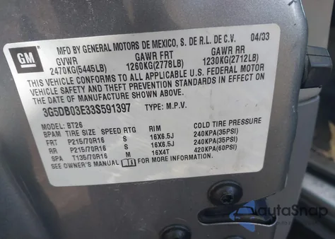 2003 Buick Rendezvous Cx z USA, uszkodzony, nr VIN 3G5DB03E33S591397